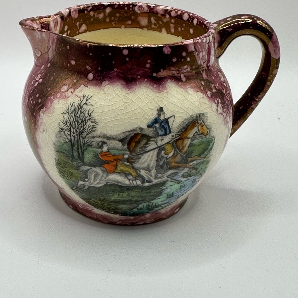 Vintage Copper Luster Pitcher with Equestrian Scene.  Made in England.